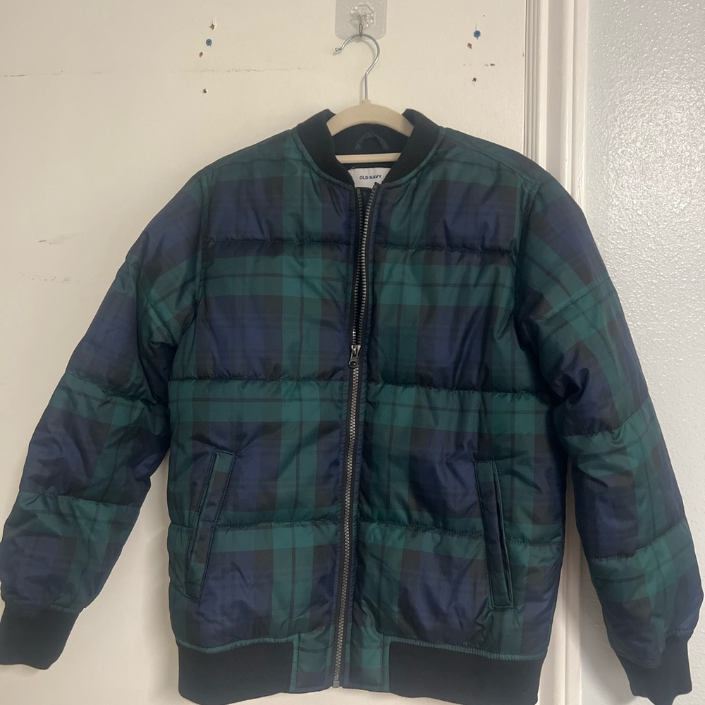 Old Navy Green and Blue Plaid Puffer Jacket